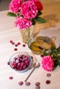 Frozen cherry in a glass vase