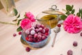 Frozen cherry in a glass vase