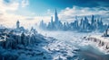 Frozen city in icy landscape