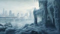 A frozen city with icy structures on the background of a snow-covered city with a bridge and skyscrapers