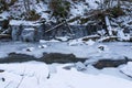 Frozen ,clean river at winter in the Carpathian mountains, a lot of pine trees and branches