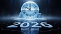 Frozen clock marks 2026 with mystical blue ice theme Royalty Free Stock Photo