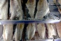 Supermarket arrangement featuring vacuumsealed frozen cod fillets on refrigerated shelves, Sterile cold storage Royalty Free Stock Photo