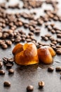 Frozen coffee shaped like heart. Coffee ice cubes