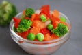 Frozen Colorful Vegan Healthy Vegetables. Brocolli, Carrots, Peas, Pepper. vertical Image. Gray Background. Royalty Free Stock Photo