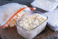 Frozen cottage cheese in a glass container Royalty Free Stock Photo