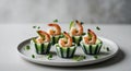 Frozen cucumber cups with shrimp and avocado appetizer. Royalty Free Stock Photo