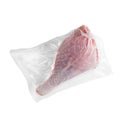 Frozen deer turkey. In plastic vacuum packaging. White background. Isolated. View from above