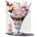 Frozen Delights: Genshin characters are in an ice cream glass. AI Generated.