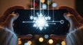 Frozen digital moment of a dramatic snowflake explosion displayed on a smartphone screen held by hands Royalty Free Stock Photo