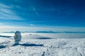 Kor Alps - Frozen directional path marks with panoramic view of Karwanks and Julian Alps seen from Grosser Speikkogel