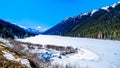 Frozen Duffey Lake and the snow capped peaks of Mount Rohr in BC Canada Royalty Free Stock Photo