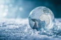 Frozen earth globe. Climate change and long winter concept, planet Earth is covered by ice and snow Royalty Free Stock Photo