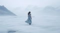 Frozen Elegance: A Minimalist Peasant Girl In A Fog-covered Mountain