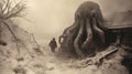 Frozen Encounter: A Man Confronts A Colossal Octopus In A Snowy Wasteland