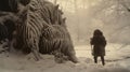 Frozen Encounter: A Woman Confronts A Colossal Zebra Monster In The Snow