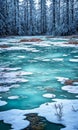 Frozen Fairy Pond. In the heart of a snow-covered forest, a pond lies frozen. Royalty Free Stock Photo