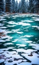 Frozen Fairy Pond. In the heart of a snow-covered forest, a pond lies frozen. Royalty Free Stock Photo