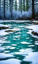 Frozen Fairy Pond. In the heart of a snow-covered forest, a pond lies frozen. Royalty Free Stock Photo