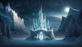 Frozen Fairytale: Whimsical Ice Castle, Starlit Splendor, and Enchanting Reindeer Sleigh Glide Royalty Free Stock Photo