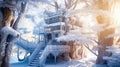 Frozen Fantasy: Treehouse Shrouded in Ice and Snow - Generative AI