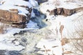 Frozen fast mountain river in winter. Spring melting of ice, springtime thaw Royalty Free Stock Photo