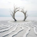 Surrealistic Desert Tree With Ring: A Land Art Installation