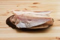 Frozen fillet of pangasius on wooden plate