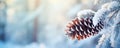 frozen fir branch with pinecone in winter AI generated Royalty Free Stock Photo
