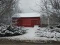 Frozen first snow michigan winter red barn white cold frozen Royalty Free Stock Photo