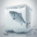 Frozen fish in a cube of ice. Fish storage concept