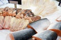 Frozen fish salmon in ice in the supermarket , fresh food Royalty Free Stock Photo