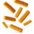 Frozen fish sticks, falling, creating a dynamic and appetizing look Royalty Free Stock Photo