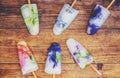 Frozen flowers in ice cubes and ice cream on a stick. Royalty Free Stock Photo