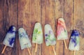 Frozen flowers in ice cubes and ice cream on a stick. Royalty Free Stock Photo