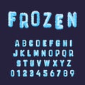 Frozen font alphabet template. Set of blue white hoarfrost numbers and letters