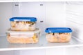 Frozen food in a container in the freezer. Refrigerator with frozen food