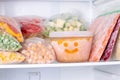 Frozen food in the freezer. Frozen vegetables, soup, ready meals