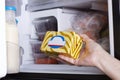 Frozen food in the refrigerator. Margarine, butter, vegetables on the freezer shelves Royalty Free Stock Photo