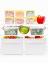 Frozen food in the refrigerator. Vegetables on the freezer shelves. Royalty Free Stock Photo