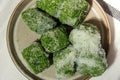 Frozen food spinach cubes homemade. Harvesting concept. Stocking up vegetables for winter storage