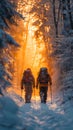 Frozen forest journey Hikers discovering the magic of winter wilderness