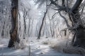 frozen forest with trees coated in a blanket of snow after blizzard