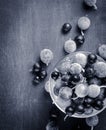 Frozen and fresh berries in a glass pial on a black background. Royalty Free Stock Photo