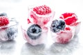 Fresh blueberry and raspberry in ice on table background Royalty Free Stock Photo
