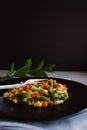 Frozen fried vegetables on black plate. Vegan breakfast. Vegetables food mix on white wooden background with plant Royalty Free Stock Photo