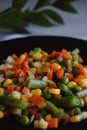 Frozen fried vegetables on black plate. Vegan breakfast. Vegetables food mix on white wooden background with plant Royalty Free Stock Photo