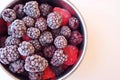 Frozen fruit berries in a pot on white background. Close-up with dark purple blackberries and red strawberries and raspberries. Royalty Free Stock Photo