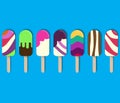 Frozen fruit Juice Popsicles 3d vector icon. Popsicle ice cream. Ice lolly cut out collage.