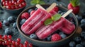Frozen fruit popsicles with berries in bowl. Summer refreshment and dessert concept Royalty Free Stock Photo